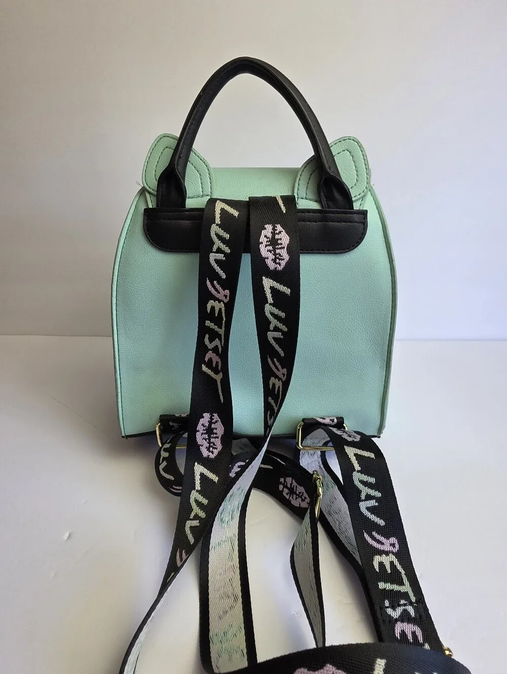 Betsey Johnson ~ Luv Betsey Small Cat Backpack/Purse Mint Gold Black Vegan Leath
